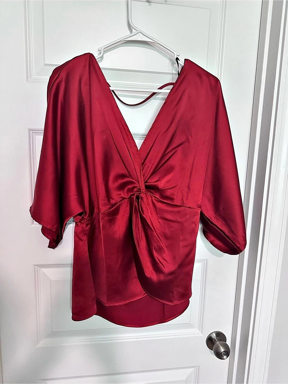 PLEIONE Twist Front Satin Blouse Red orange medium